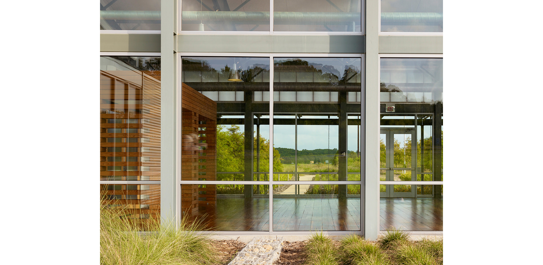 Boardwalk, Rain Gardens, and Broom Sedge Meadows Viewed Thru Windows