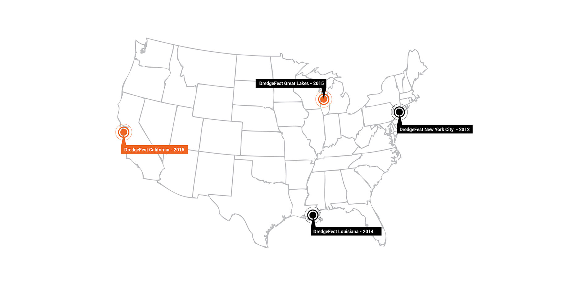 Map of the United States DredgeFest Locations