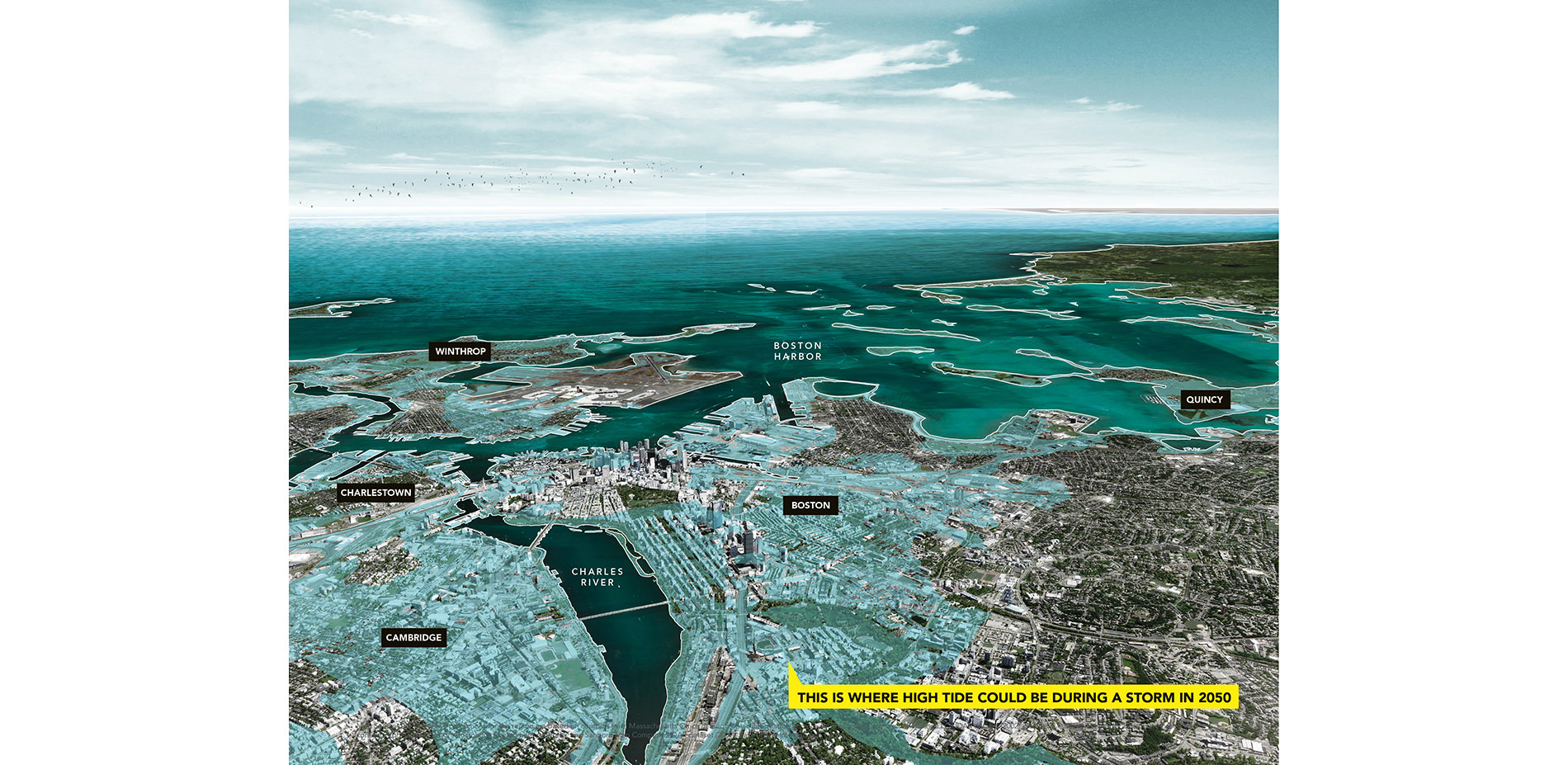 Aerial Map of Sea Level Rise Projections for Boston 2050