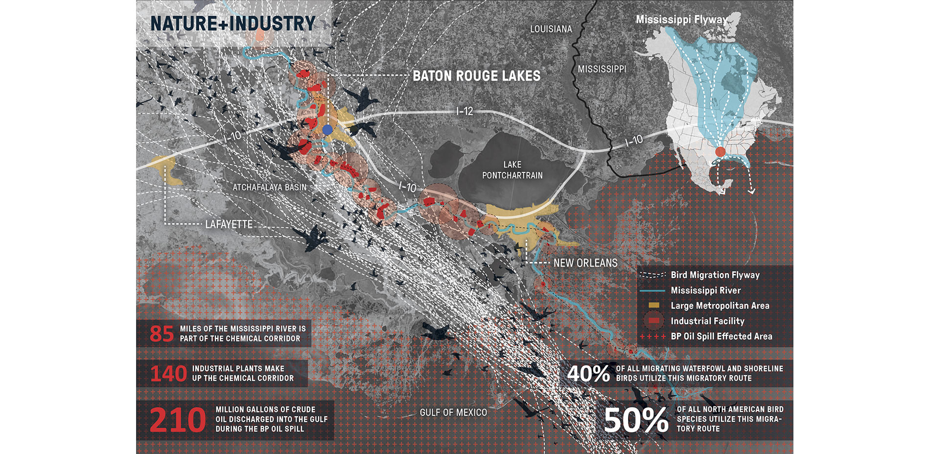 Map of Nature and Industry Interactions at Baton Rouge Lakes