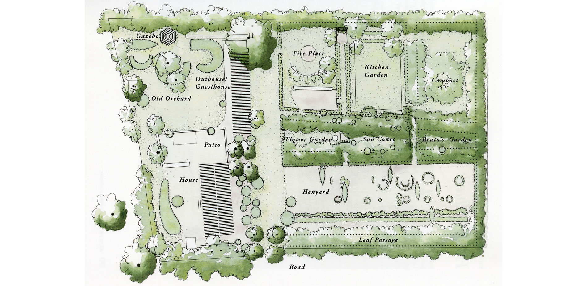 Plan of Marnas. The driveway divides Marnas: the old garden with its buildings, orchard and clipped privet to the left (south); to the right (north), …