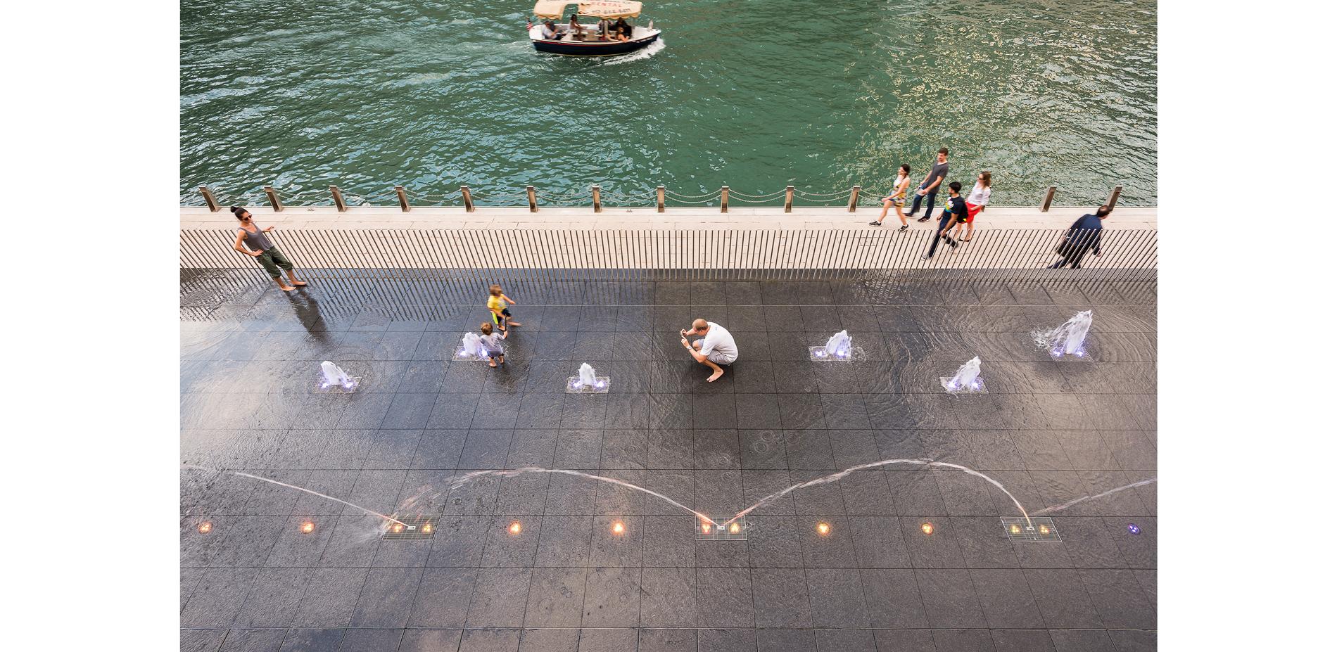 The Water Plaza provides an interactive water feature for engagement with water at the river’s edge. The fountain’s effects can be minimized to enable…