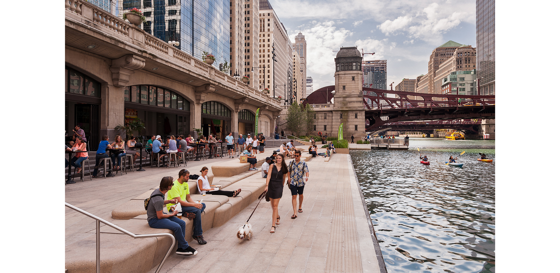 Custom precast seating elements capitalize on the shallow grade changes and create sunny places for sitting near the river’s edge. Flood-tolerant and …