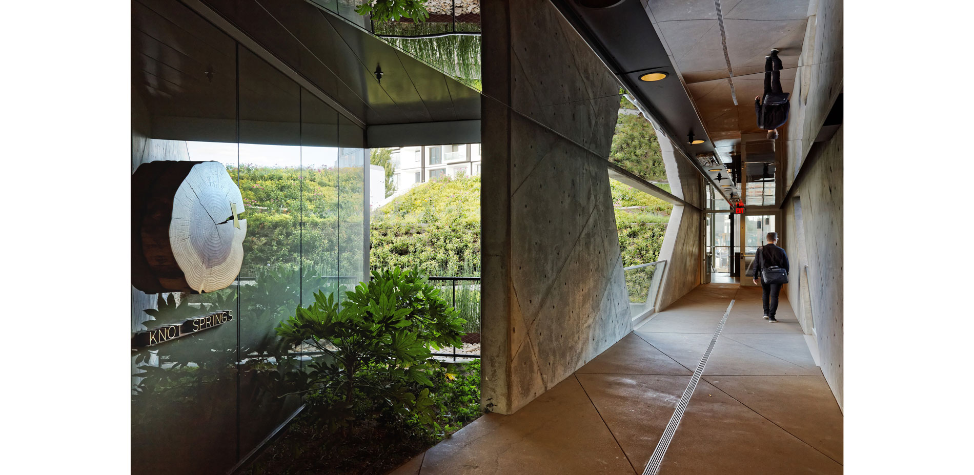 The sloping green roof encompass outdoor walkways that cut through the building, creating a lush environment. The boundary between building and landsc…