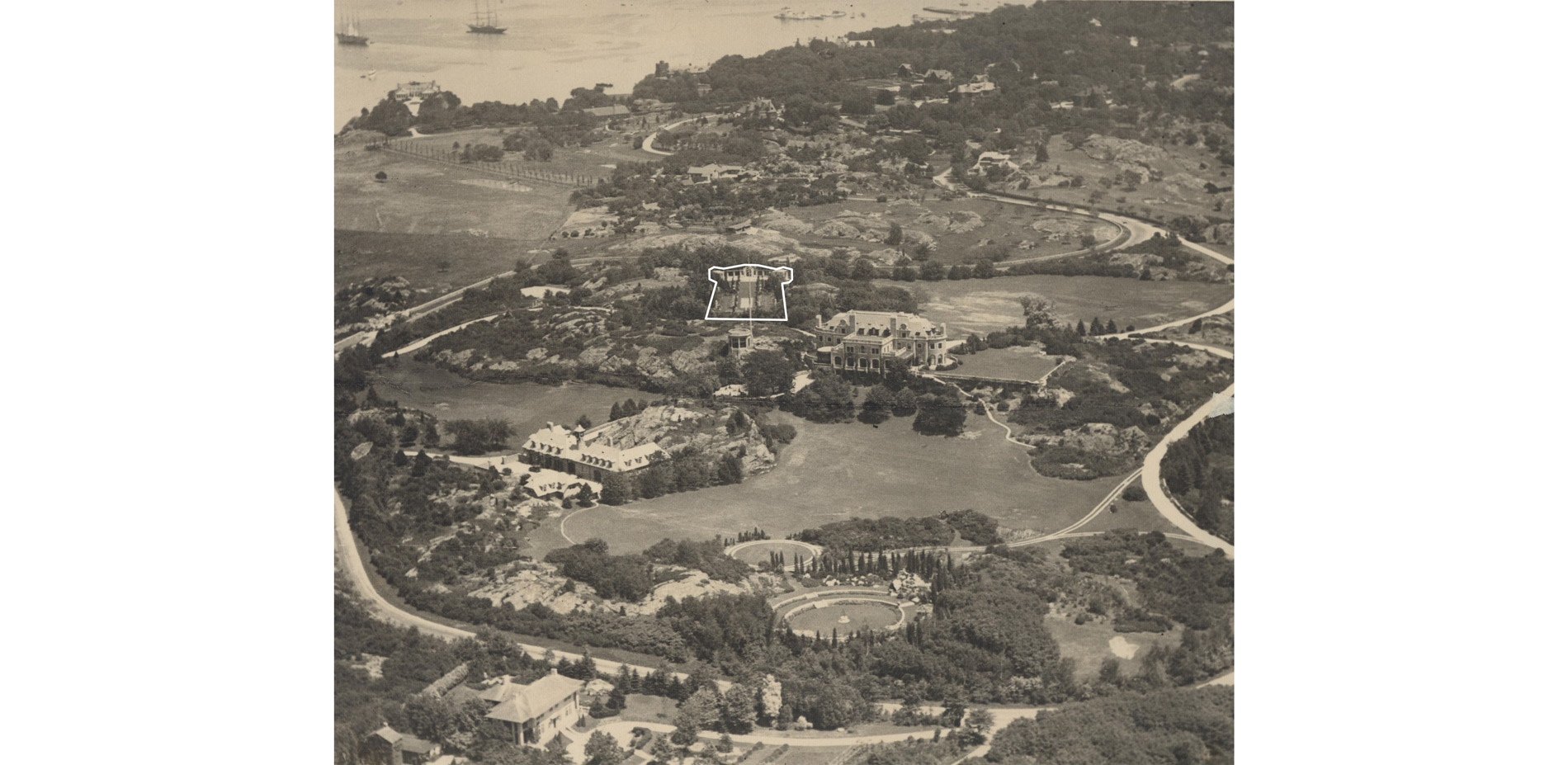 An aerial view from 1913 shows the extent of the James’s 125-acre Beacon Hill House estate in Newport, with The Blue Garden located. The original land…