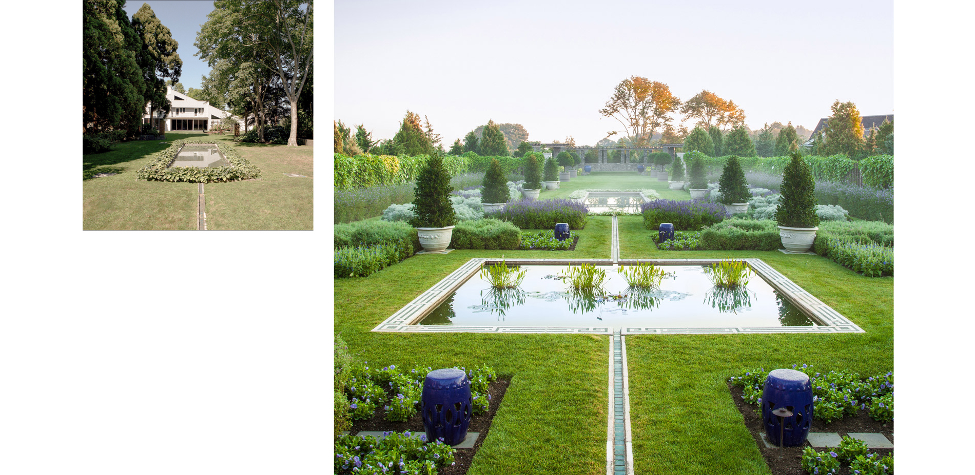 (Left) Remnants of the garden’s features existed in the back yard of the 1980s house, which was constructed over the garden’s west apse. (Right) With …