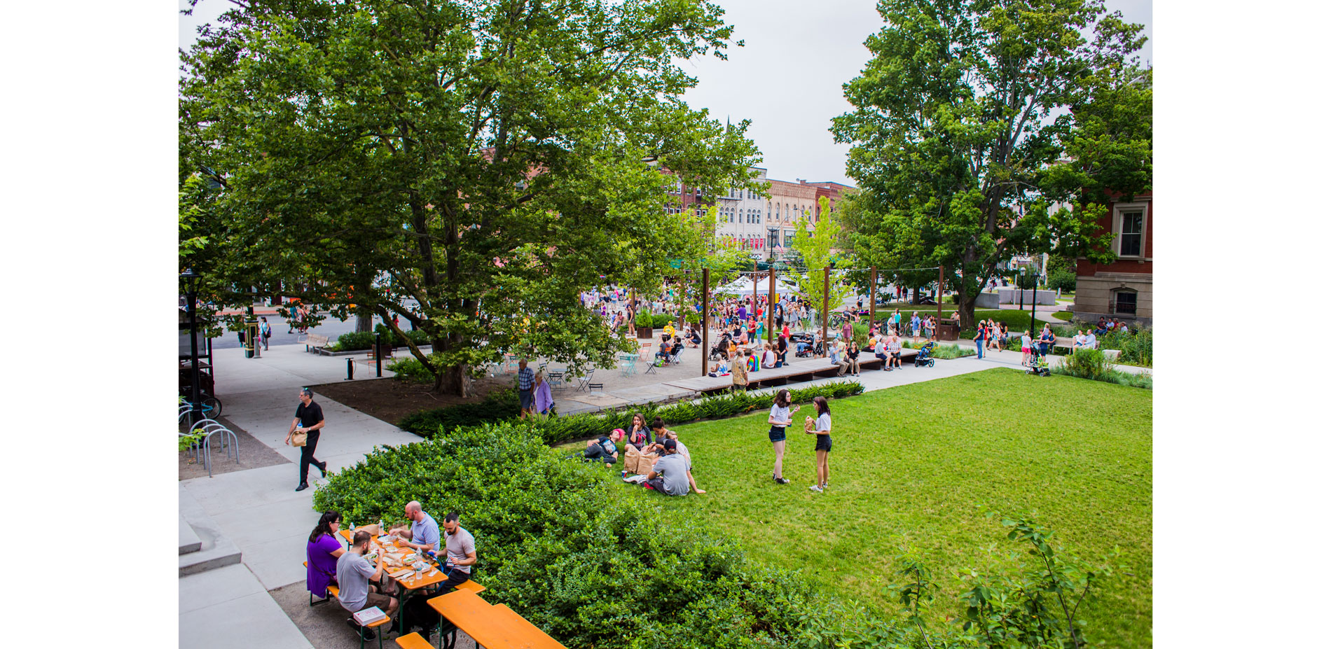 The new design removed all the concrete from the heart of the site and introduced much needed green space, gathering and play to downtown.
                                  …