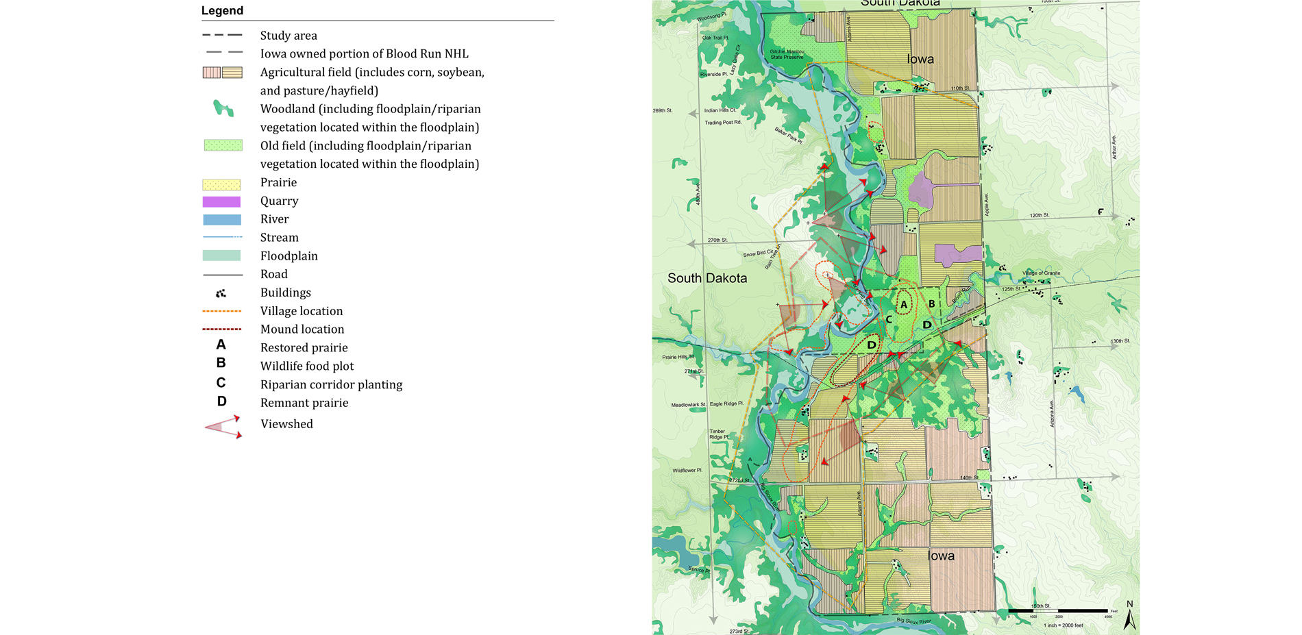 Existing vegetation is dominated by agricultural fields.  Woodlands are present on steep slopes and floodplain riparian vegetation is present along wa…