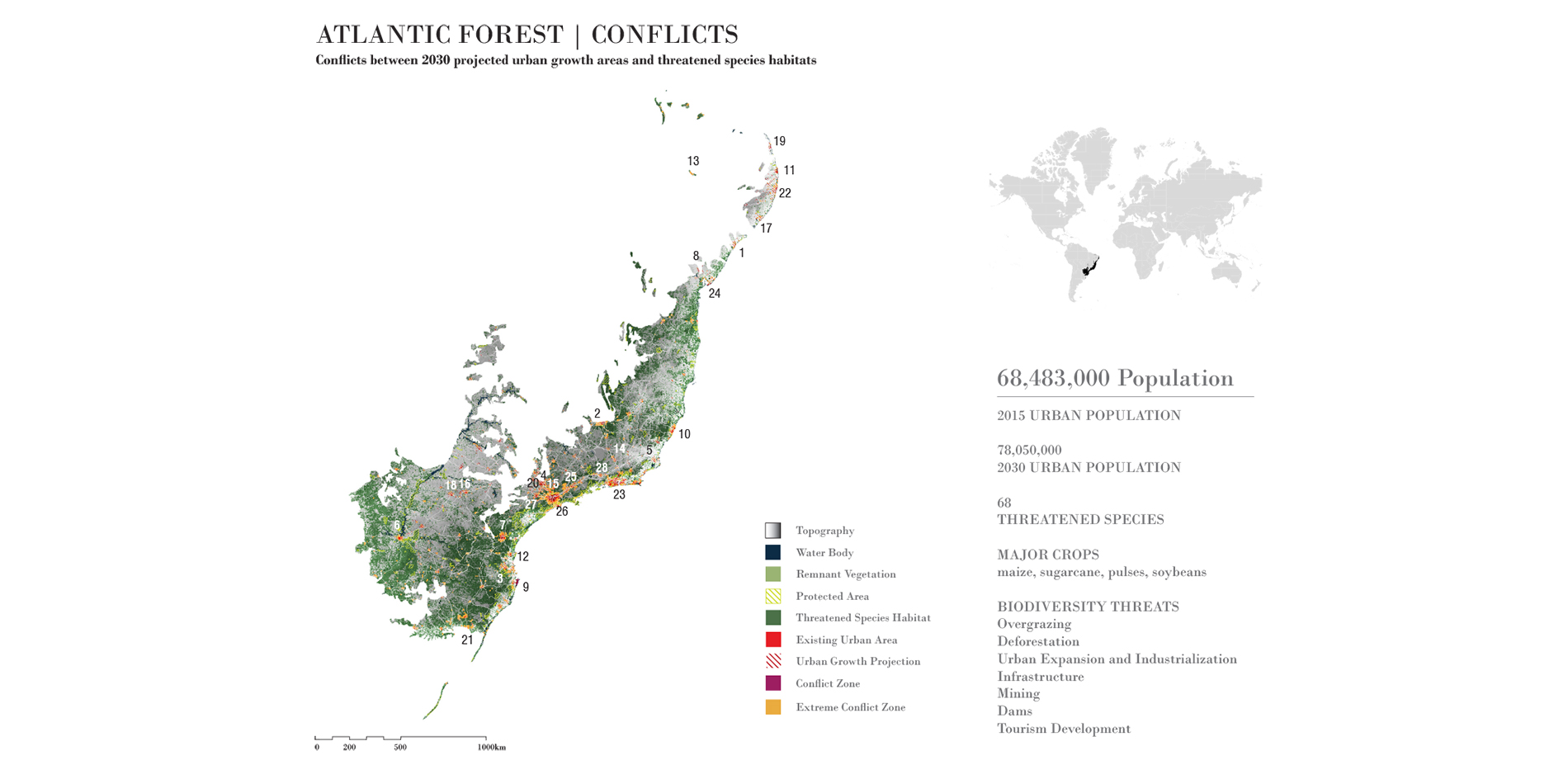 Map of the Atlantic Forest hotspot  showing zones of conflict between urbanization, land-use and endangered species…