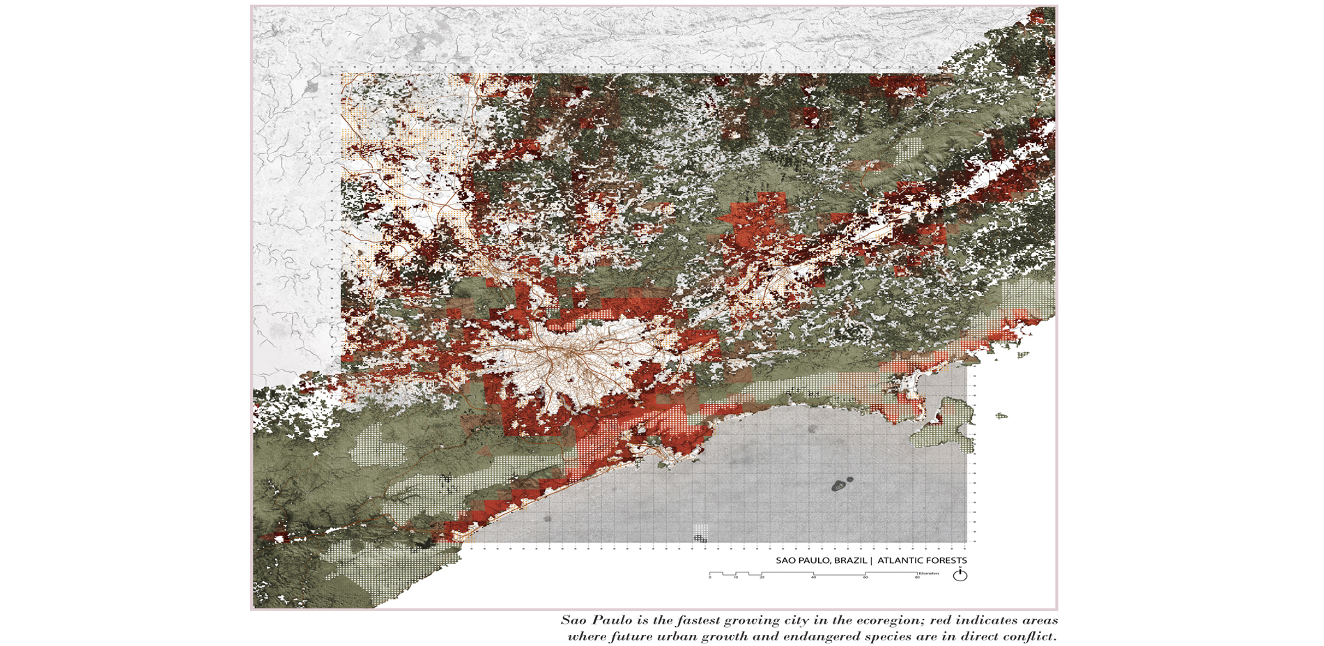 The city of Sao Paulo - an example of mapping that shows  (in red) at high resolution peri-urban areas of conclict between urban growth (projected to …