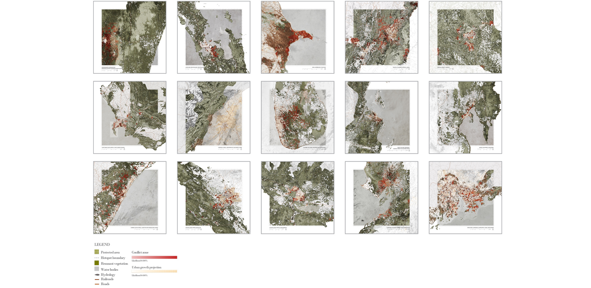 The fastest growing cities in the world's biological hotspots with red areas indicated conflict between 2030 urban growth forecasts and endangered spe…