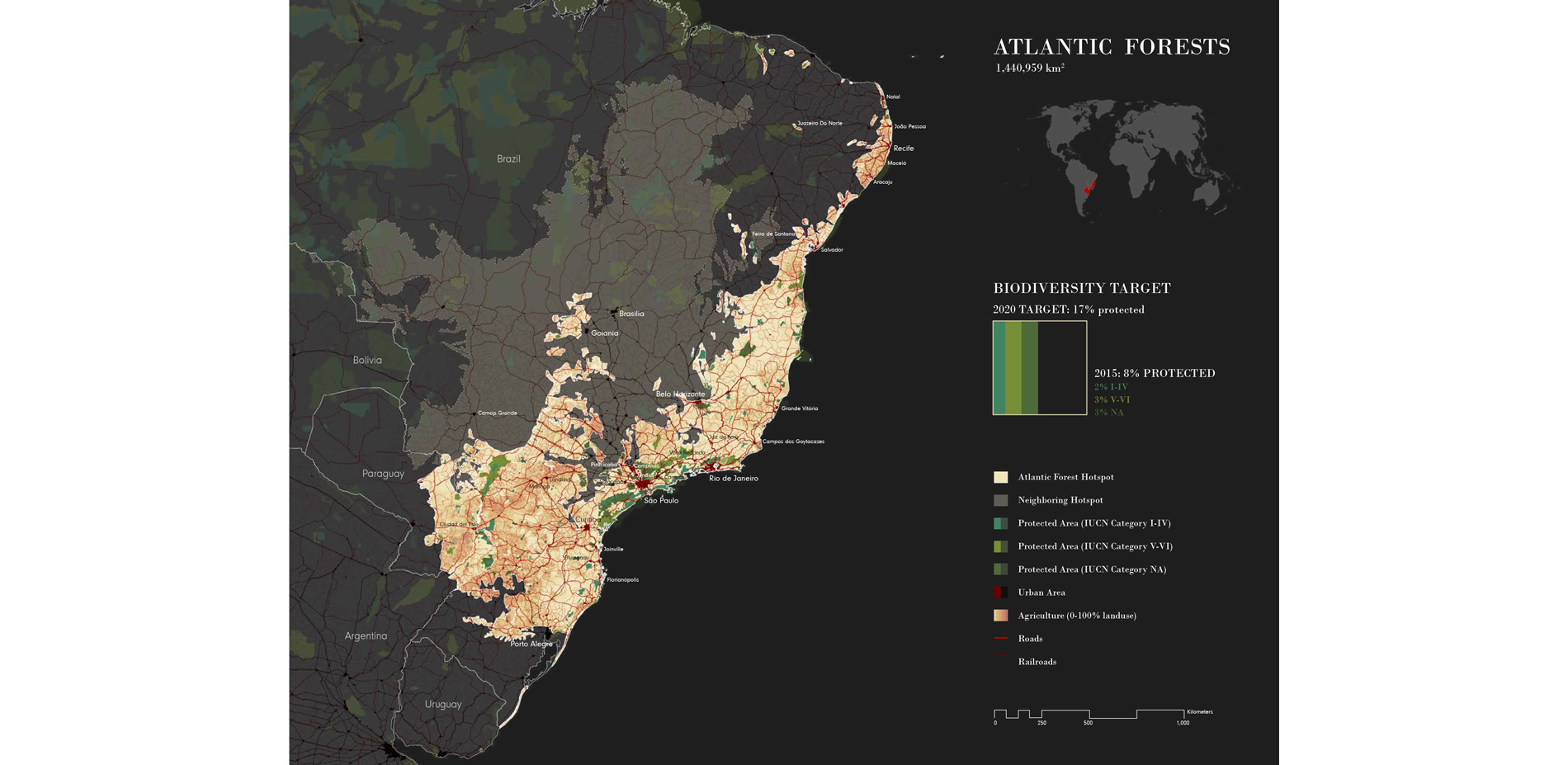 The Atlantic Forest hotspot showing how mch land is protected and how much land needs to be protected in order to meet the United Nations 17% (Convent…