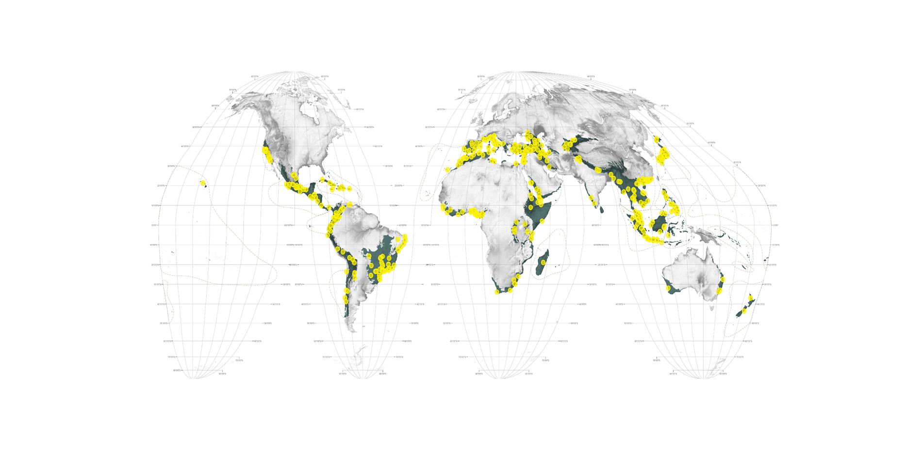 World map highlighting cities in the world's biodiversity hotspots which are sprawling in conflict with remnant habitat and endangered species.…