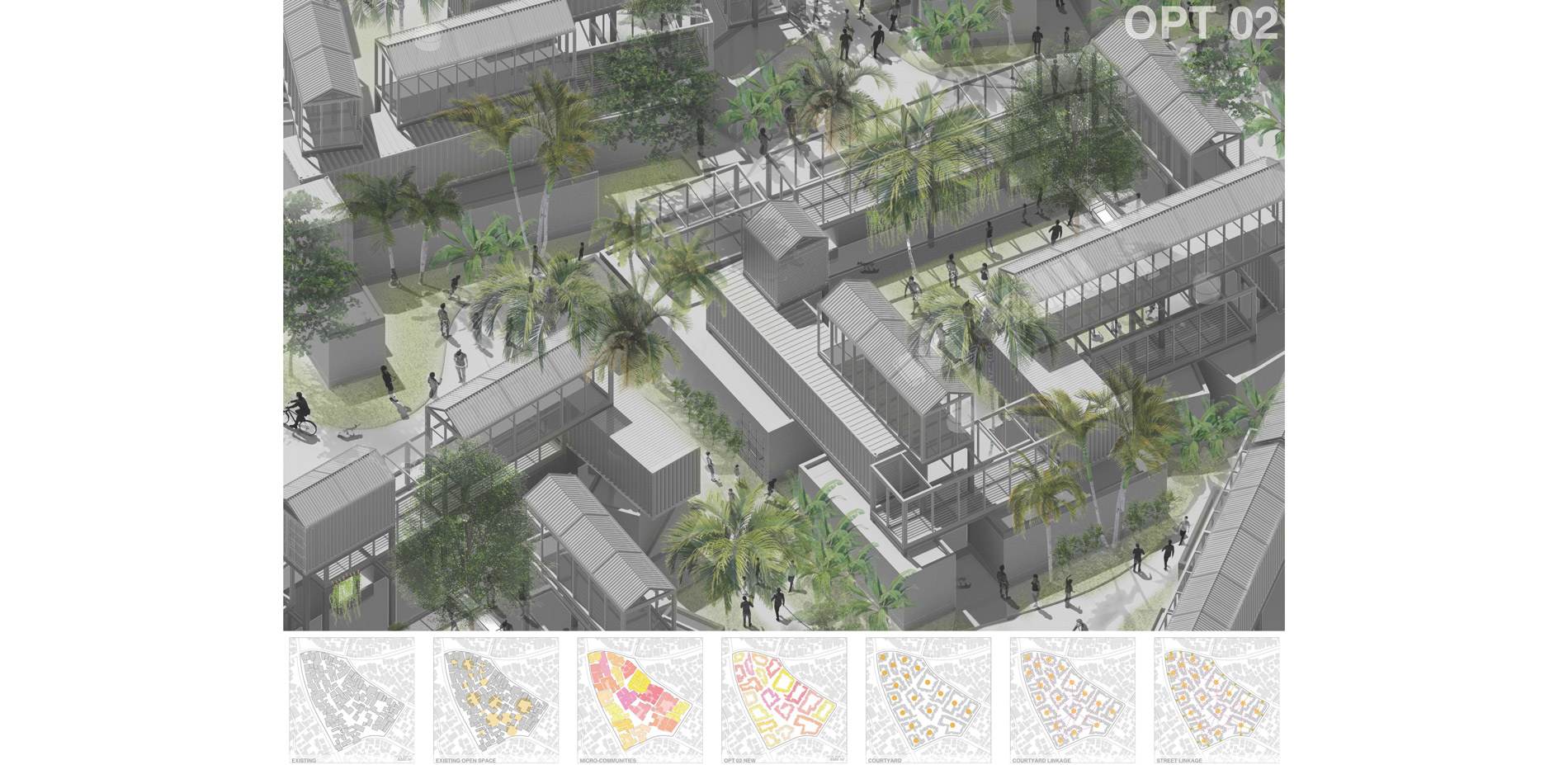 Axon showing the relationchip between courtyard space, housing, water cleaning system and sidewalk.…