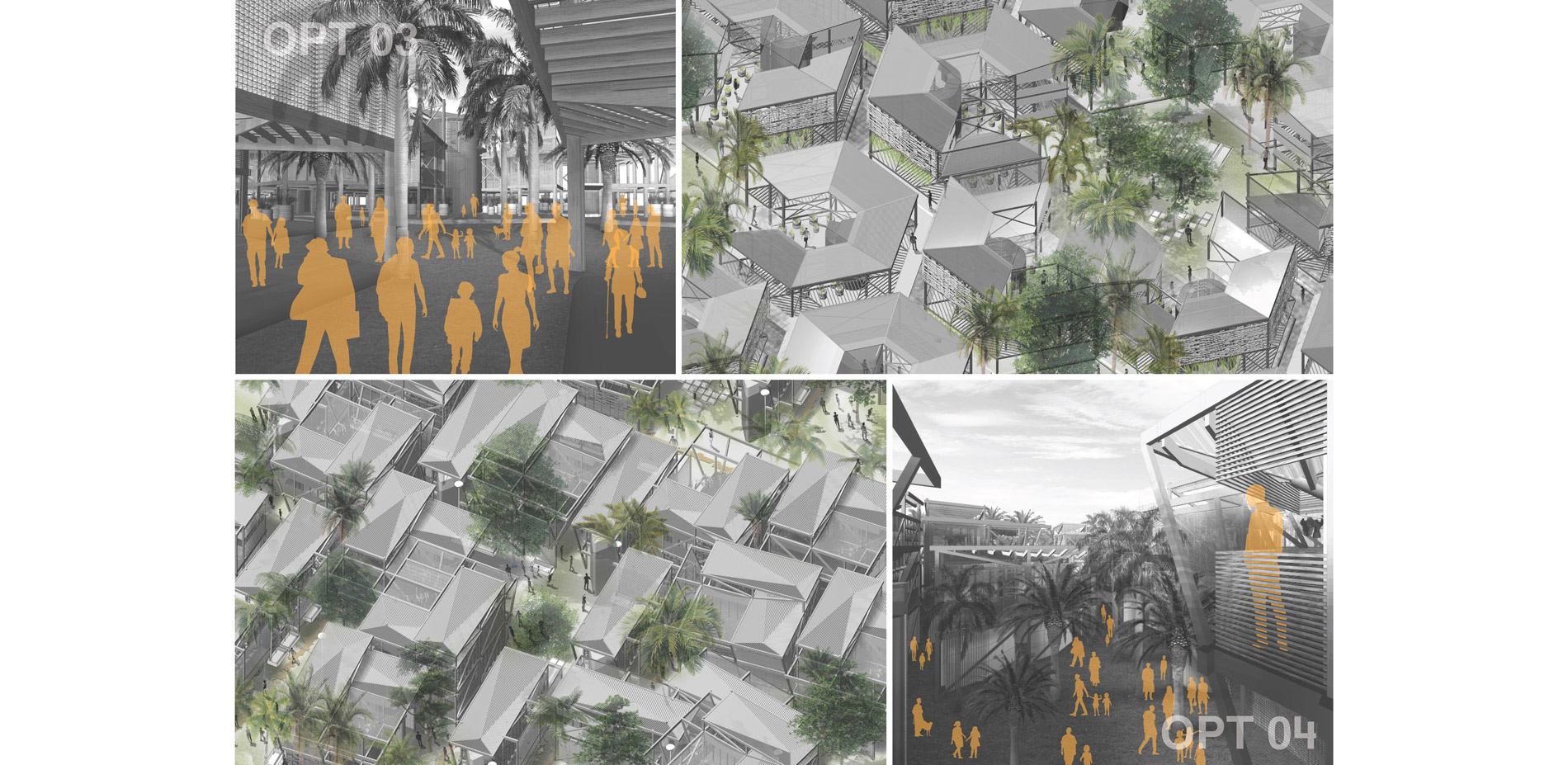 Top: Option 03 ground level render and bird's eye axon. Bottom: Bird's eye axon and balcony view.…