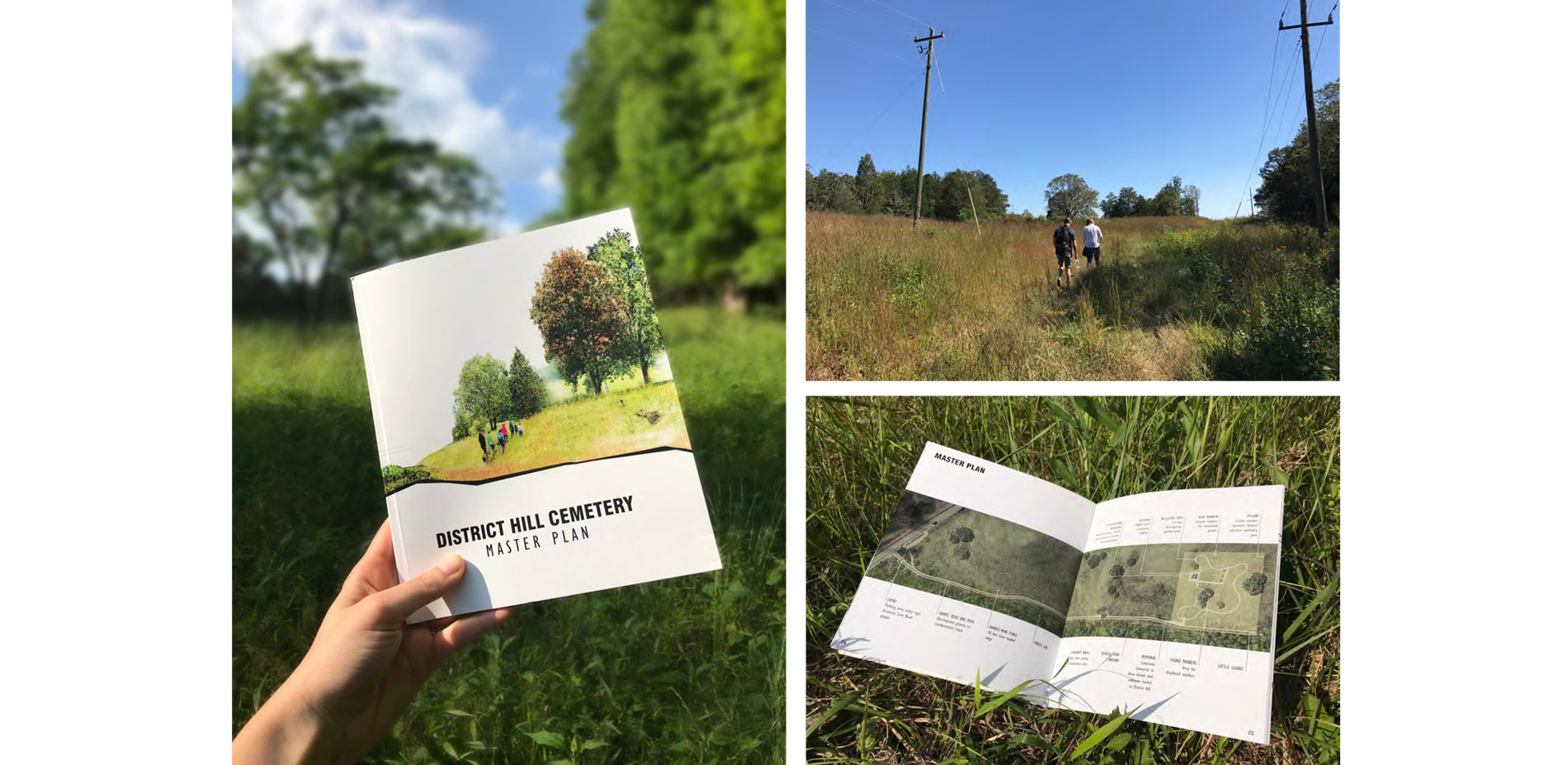 Photographs of the District Hill Cemetery Master Plan and students walking easement road to District Hill Cemetery.…