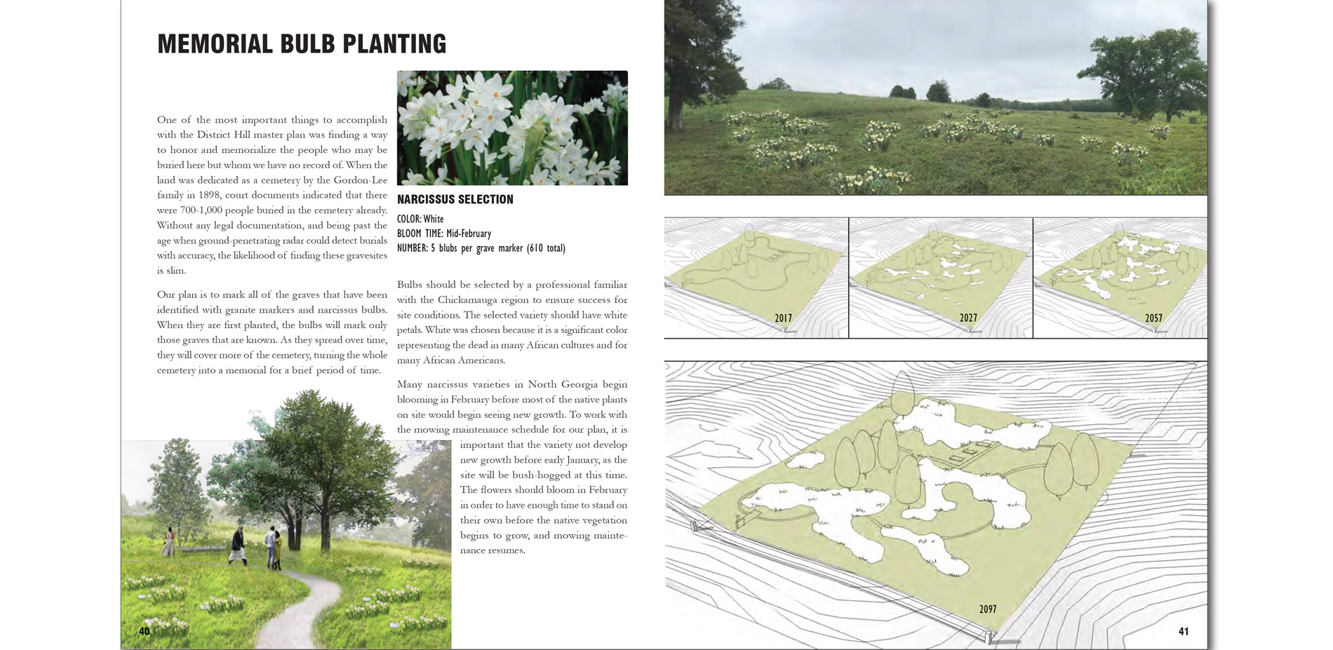 Pages from the master plan detailing the narcissus bulb planting. Bulbs planted adjacent to graves identified by ground-penetrating radar in early spr…