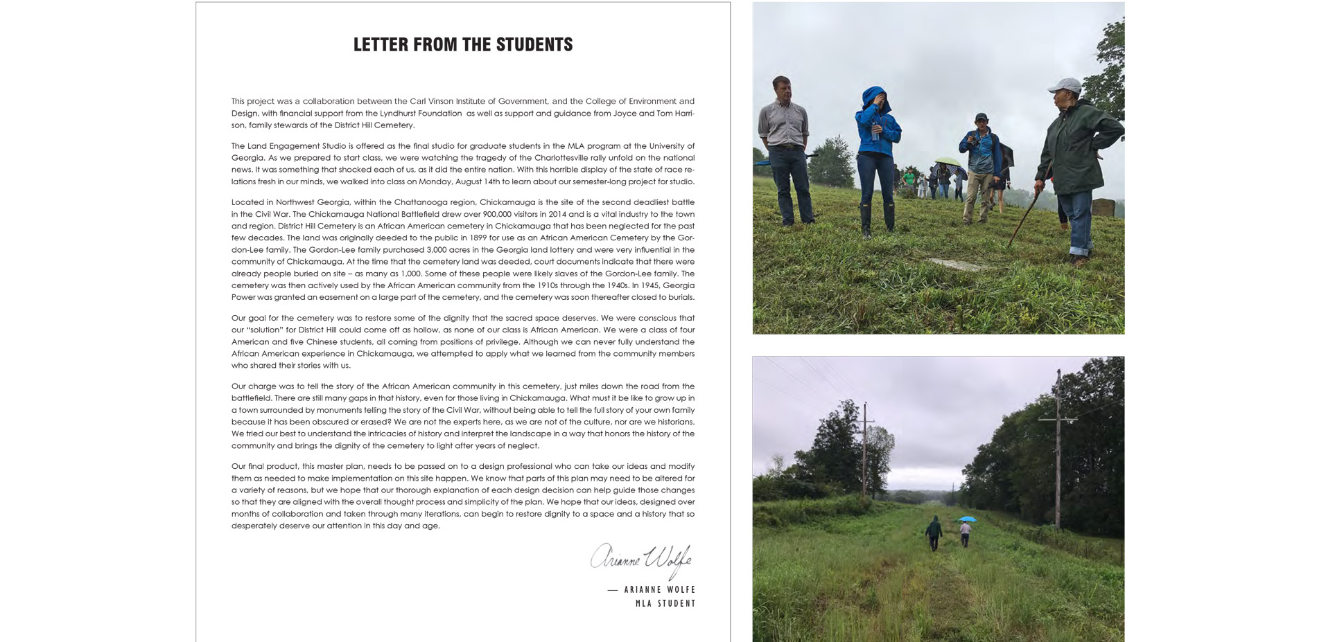 Letter from students included in masterplan introduction (left), on-site photo of students with District Hill steward Joyce Harrison (top right), and …