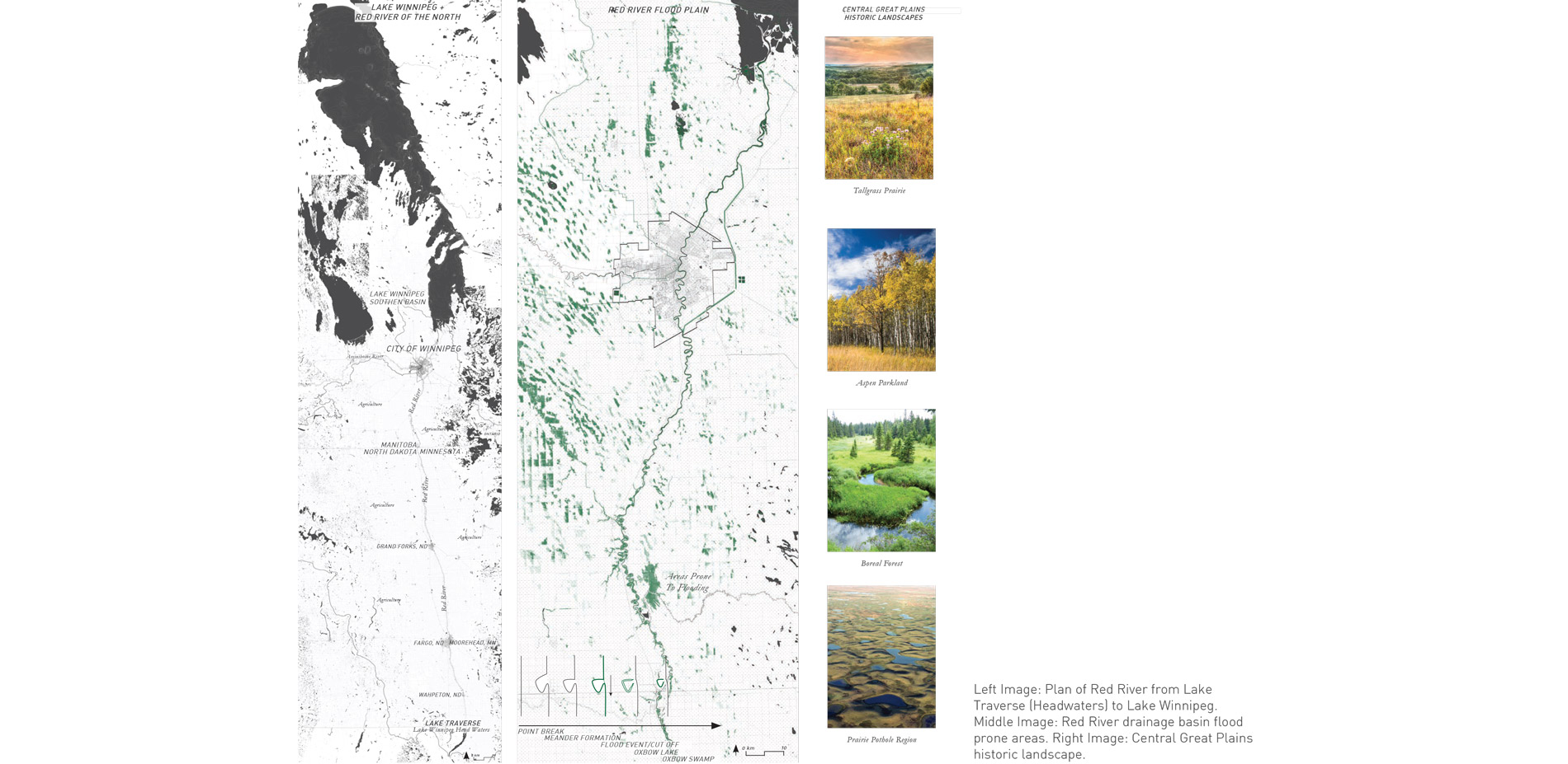 Left Image: Plan of Red River from Lake Traverse (Headwaters) to Lake Winnipeg.
                        Middle Image: Red River drainage basin flood prone areas. Right Image:…