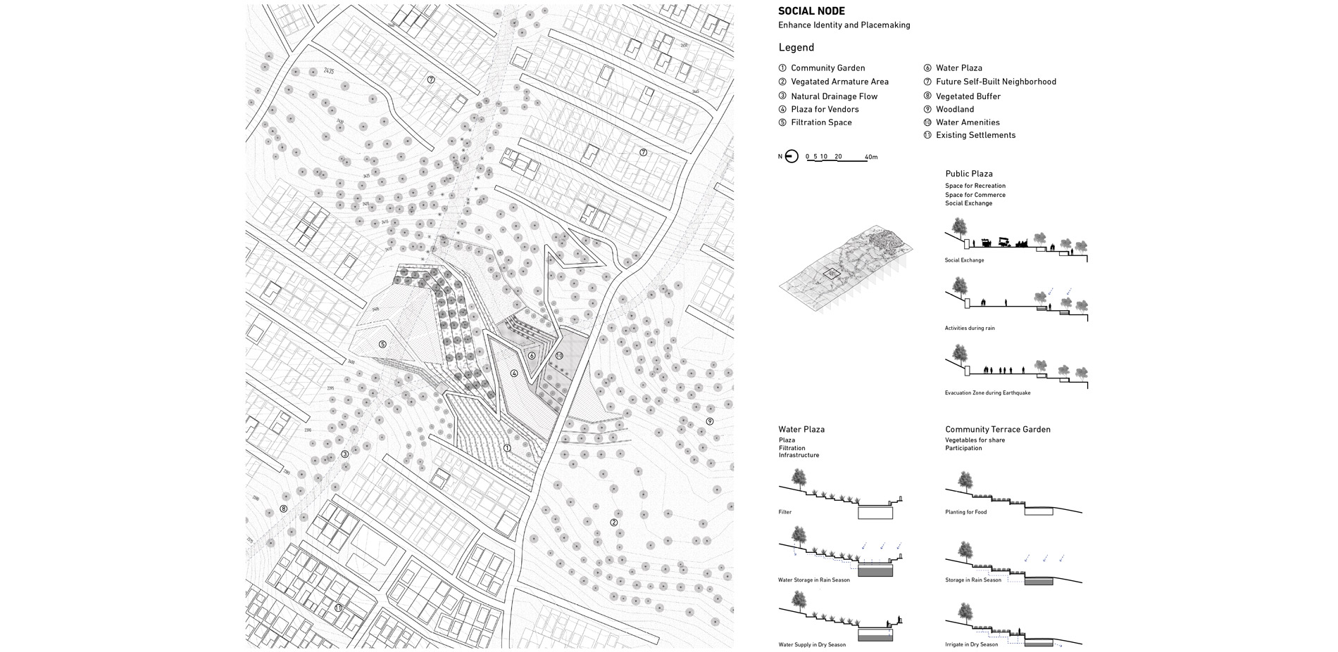 It illustrates the site plan of the social node and diagrams of interventions.…