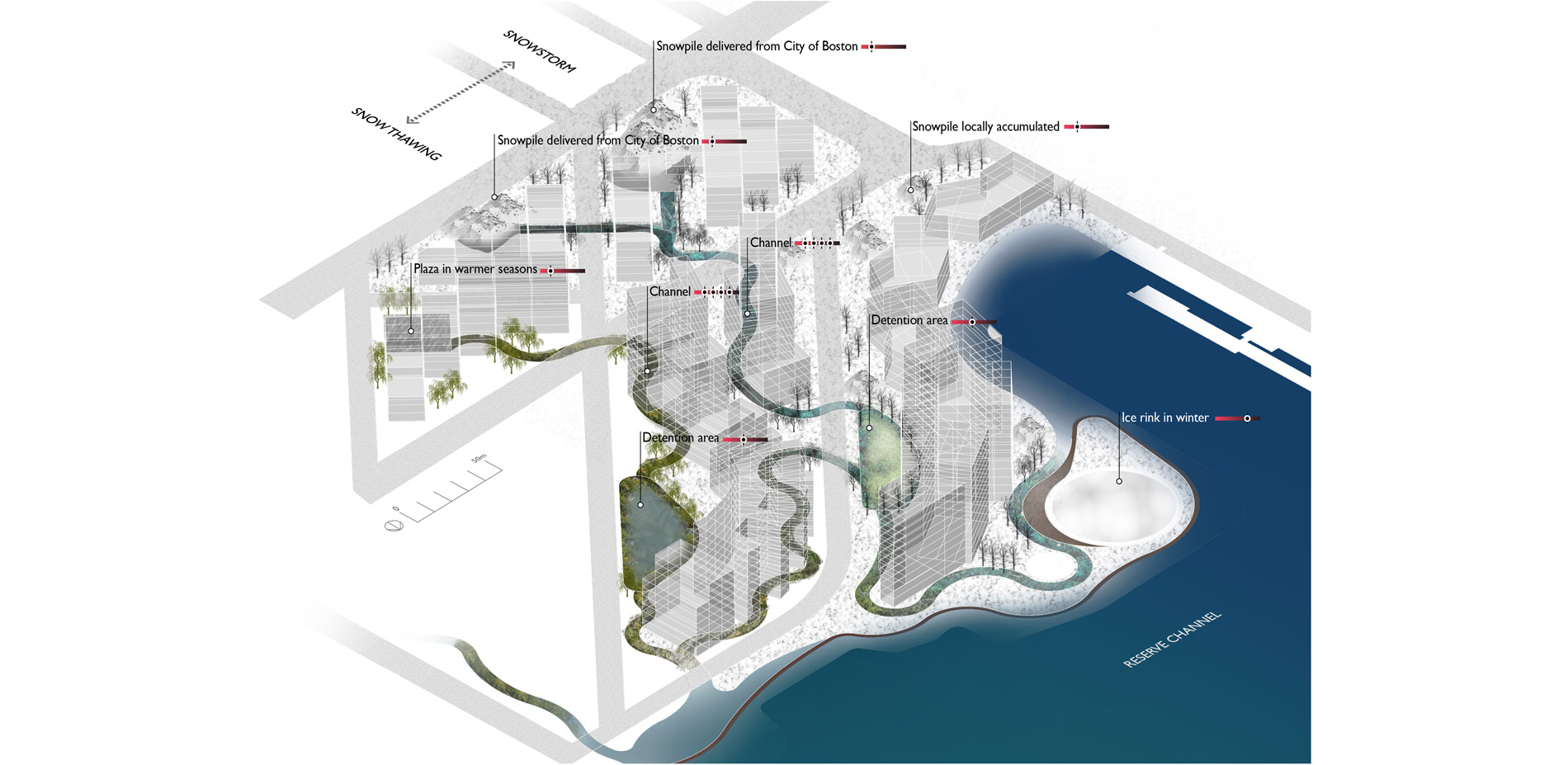 Snowmelt filtration swales respond to dynamic microclimate controls on a journey from the city through the residential neighborhood and to the Reserve…