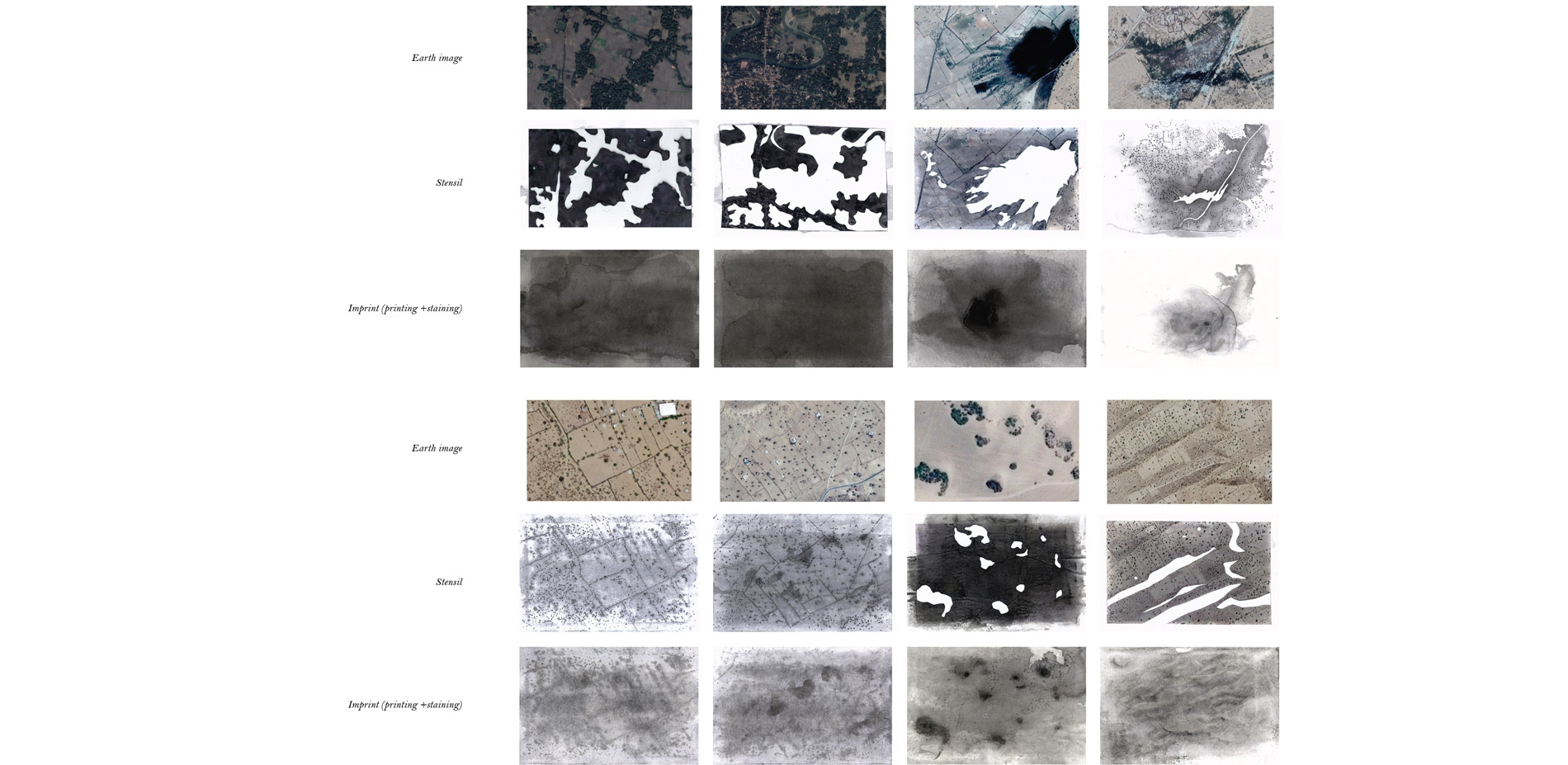 Staining as a lens of re-enacting embodiment of wetness in the landscape. By looking
                      for imprints of wetness from satellite images. (2a - h Earth Imag…