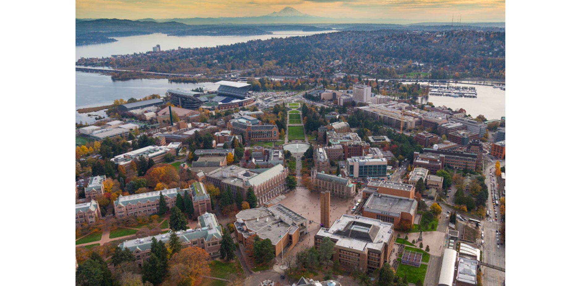 Aerial that captures the full Rainier Vista Axis