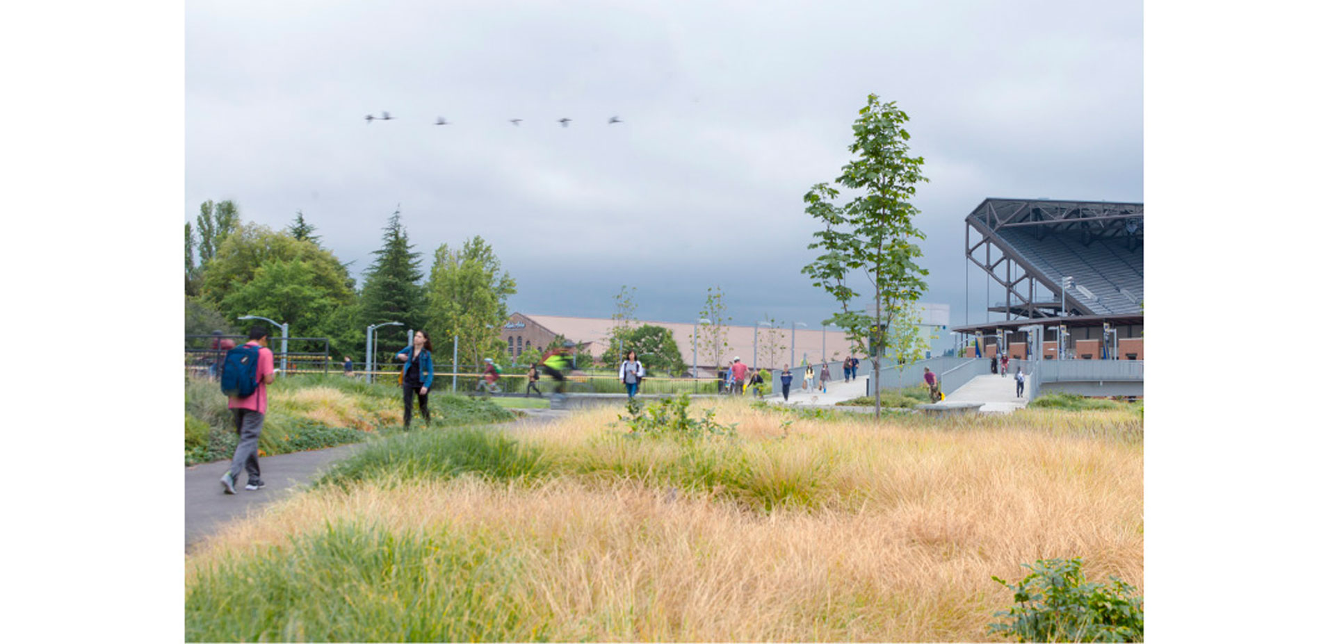 View from the Pedestrian Land Bridge looking toward the new light rail station and Husky Stadium