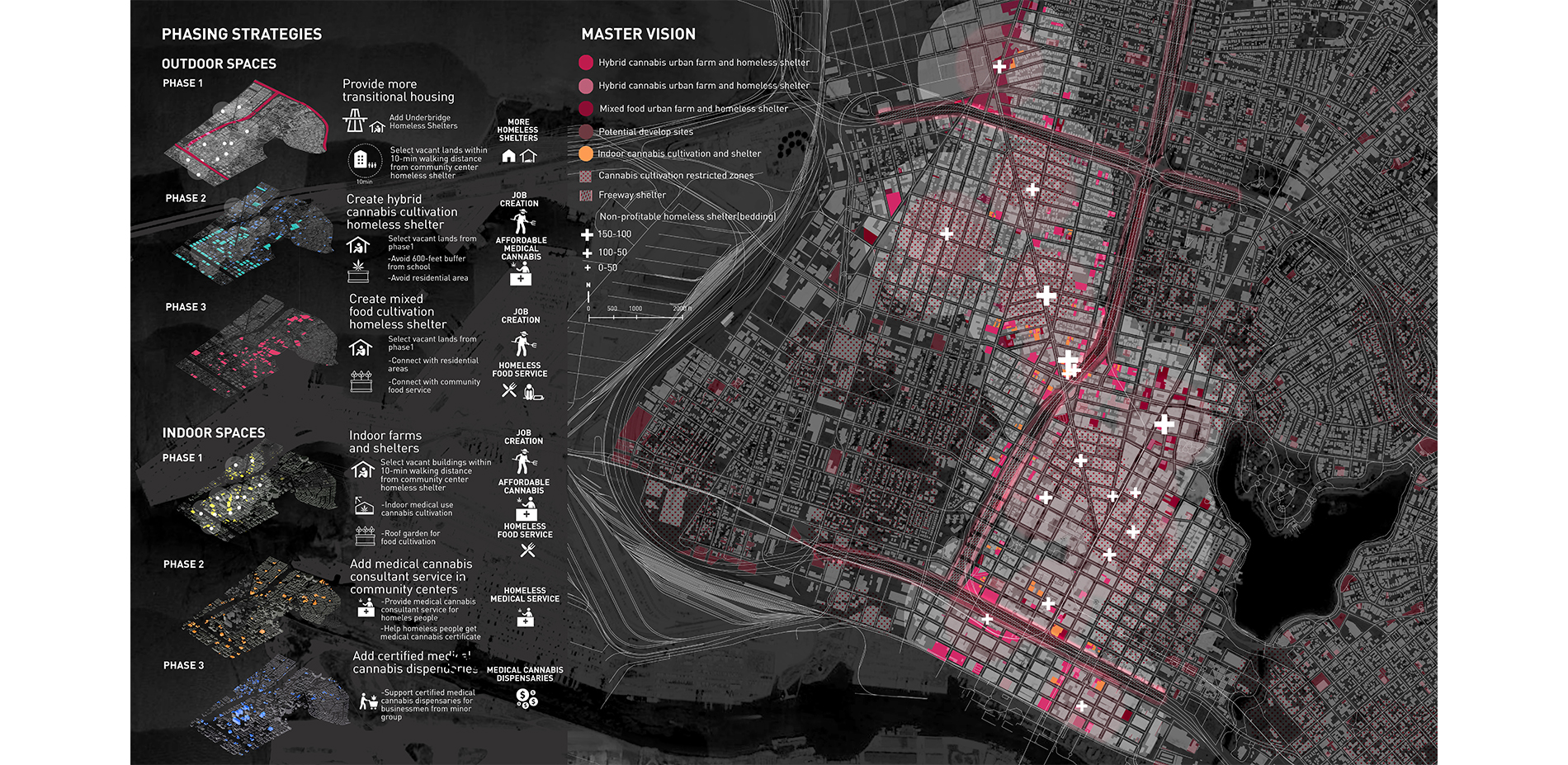 Master vision of hybrid urban farm and homeless shelters in Oakland downtown