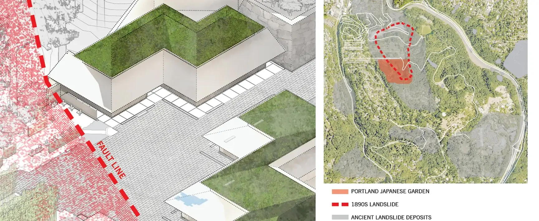 Diagrammatic and plan view images of the Portland Japanese Garden.