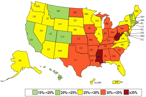 Prevalence of self-reported obesity among U.S. adults by state and territory image: Behavioral Risk Factor Surveillance Systems, 2013, CDC