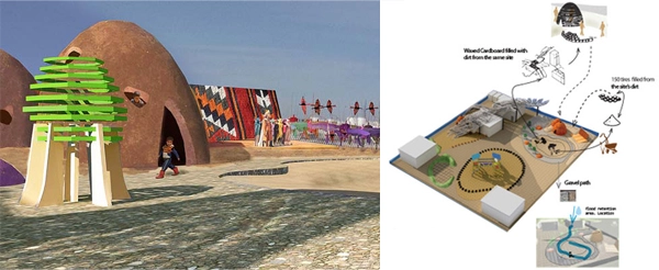 Vignette of the design proposal shows the stage and two earthen domes. On the right, a diagram of the areas’ elements and the process of construction.  image: Malda Takieddine