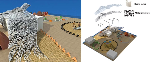 Vignette of the design proposal shows the bird structure, playground, the planting area under the bird tail and the stage in the back. On the right, a diagram of the areas’ elements and the process of construction.  image: Malda Takieddine