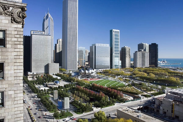 The Lurie Garden, Millennium Park - 2008 General Design Award of Excellence Winner The Lurie Garden is prominently sited at the southern edge of Chicago's Millennium Park, adjacent to the Great Lawn with bandshell and trellis designed by Frank O. Gehry & Associates. Chicago's skyline and Lake Michigan are visible on the horizon. image: Linda Oyama Bryan