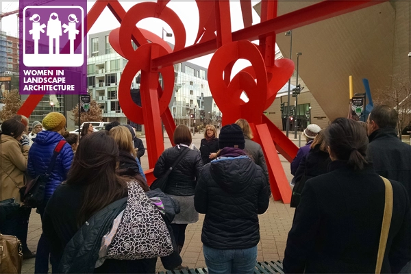 The 2014 WILA Walk, led by Connie Perry and Susan Morris-McCabe, included a stop outside the Denver Art Museum image: Tanya Olson
