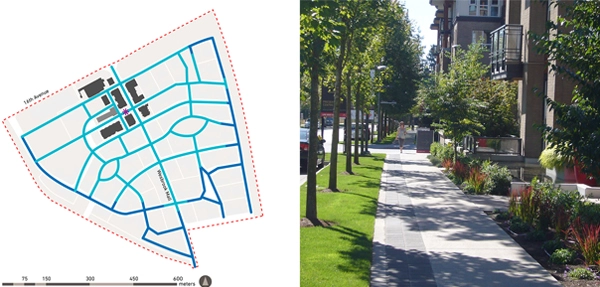 Map: Five-minute (light blue) and ten-minute (dark blue) walking distances from the village center. Photo: A sidewalk along Wesbrook Mall. image: Cynthia Girling