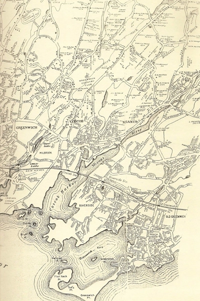 Map of Cos Cob, Connecticut, showing Wertheim’s property, the former Seton estate, west of the Mianus River, circa 1942 image: James O'Day