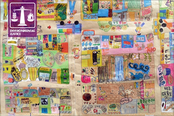 Children’s collective drawing of their perceived neighborhood with traditional small stores. The pilot project explored the opportunities to empower small business owners and local residents to revitalize their neighborhood (Chung-Hun Market), Anyang City, South Korea. image: DURI (Design & Urban Research Institute), South Korea