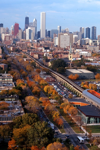 Aerial view of State Street Boulevard looking north toward Chicago image: courtesy of Hoerr Schaudt