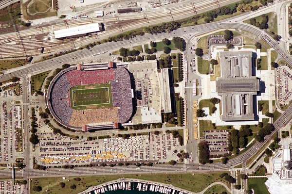 Existing condition: Aerial photo of Soldier Field prior to redevelopment image: courtesy of Hoerr Schaudt