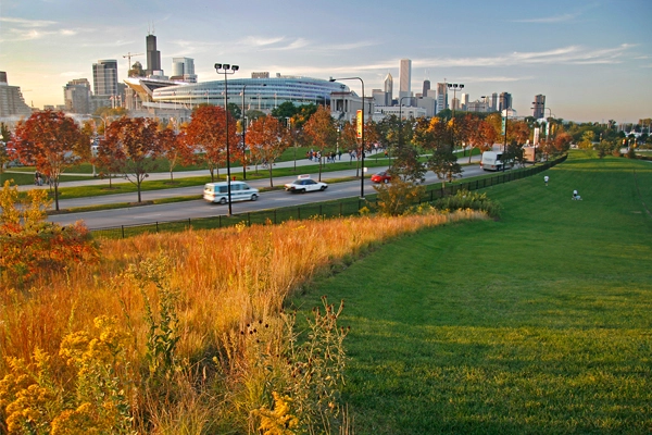 Sledding hill in fall, North Burnham Park image: courtesy of Hoerr Schaudt