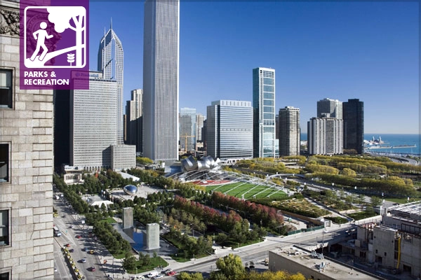 ASLA 2008 Professional General Design Award of Excellence. The Lurie Garden is prominently sited at the southern edge of Chicago's Millennium Park, adjacent to the Great Lawn with bandshell and trellis designed by Frank O. Gehry & Associates. Chicago's skyline and Lake Michigan are visible on the horizon. image: Linda Oyama Bryan