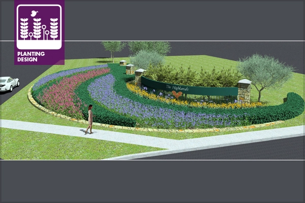 Figure 1: Subdivision entrance planting design using a native and adapted plant palette image: design and computer model by David Hopman, ASLA, PLA