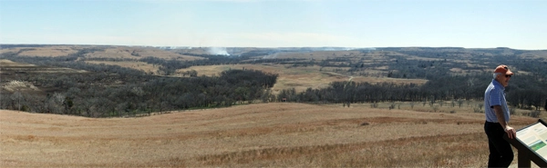 Figure 3: 13.5-square mile Konza Prairie in Kansas—late March during a spring burn. Pictured is Kansas State professor Chip Winslow. image: David Hopman