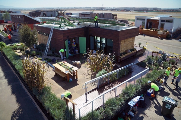 Harvest Home – 2014 Student Collaboration Award of Excellence Winner. For the 2013 Solar Decathlon, the George Washington University team created a full landscape on an asphalt tarmac to showcase a sustainable residential landscape design. The design demonstrated a fusion of function, aesthetics, and regenerative ecosystem principles that started in the landscape and extended throughout the home. image: Adele Ashkar, Nick Gringold, Ryan McKibbin, Julie Melear, Sharon Metcalf