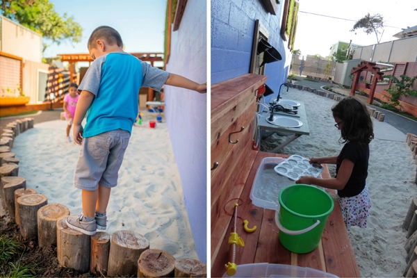 After. Left: Elements of Risk. Eucalyptus stumps help to define the edges of the various play settings while providing a healthy level of risk for children to practice their balance. Right: Creative Play. Elements such as the water table and sand kitchen allow children to experiment, build, and “cook” with natural elements. image: Alex Calegari