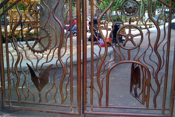 This entry gate has multiple options for users - it welcomes small children through a tiny opening, and is wide enough to allow a large wheelchair or even a gurney to fit through. image: Amy Wagenfeld