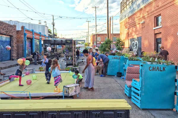 Crowdus Pop-Up Park, created for the Congress for the New Urbanism 23 Conference, demonstrates the importance of active and inclusive public spaces that combine architecture and landscape. image: Eduardo Castaneda, Assoc. AIA; Michael Friebele, Assoc. AIA; Yu Xin, Assoc. AIA; Naishi Bu, Steve Knox, Carlos Mireles, Assoc. AIA; Susan Hubenthal / courtesy of the American Institute of Architects