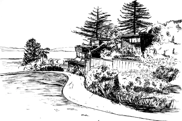 Northwest-facing view, Greenwood Common, Berkeley, CA image: drawn by Da Hyi Ku