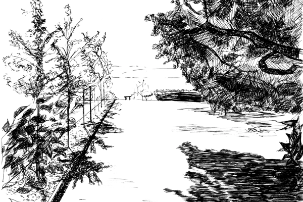 West-facing view from gate entrance, Greenwood Common, Berkeley, CA image: drawn by Da Hyi Ku